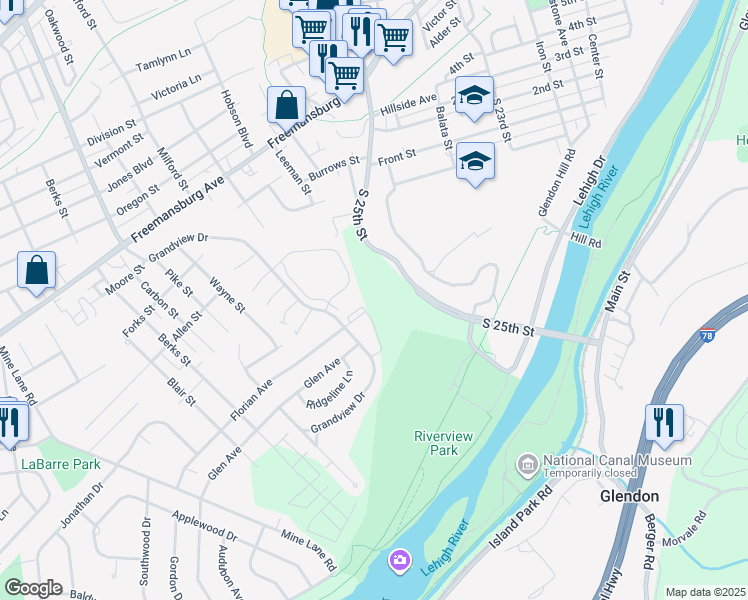 map of restaurants, bars, coffee shops, grocery stores, and more near 100 Grandview Drive in Easton