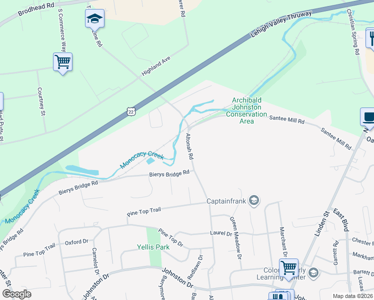 map of restaurants, bars, coffee shops, grocery stores, and more near 3555 Altonah Road in Bethlehem