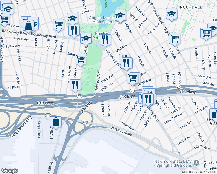 map of restaurants, bars, coffee shops, grocery stores, and more near 151-58 135th Avenue in Queens