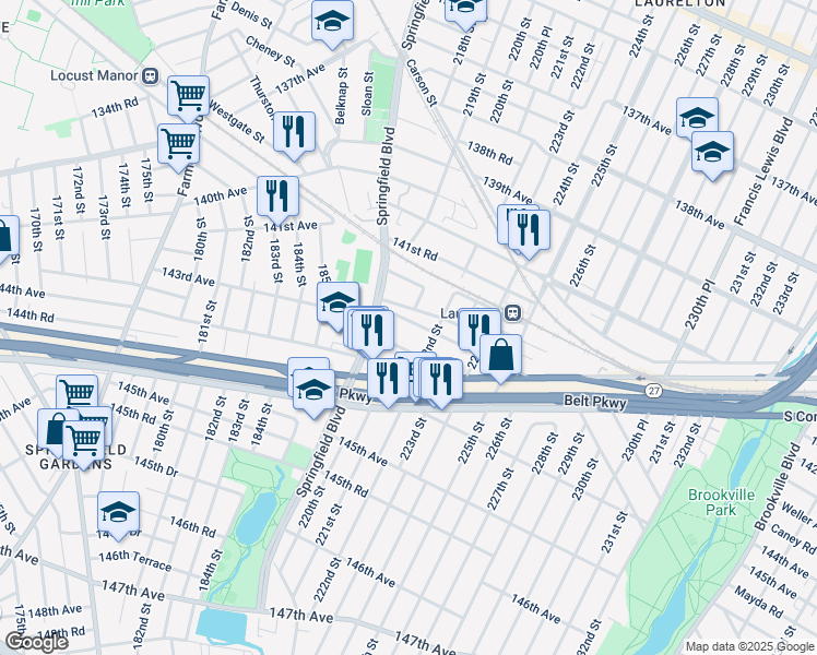 map of restaurants, bars, coffee shops, grocery stores, and more near 219-47 143rd Avenue in Queens