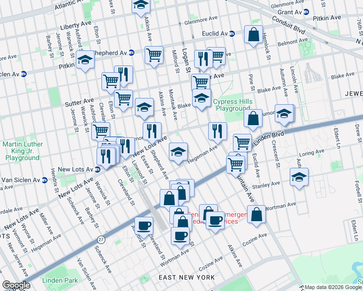 map of restaurants, bars, coffee shops, grocery stores, and more near 410 Montauk Avenue in Brooklyn