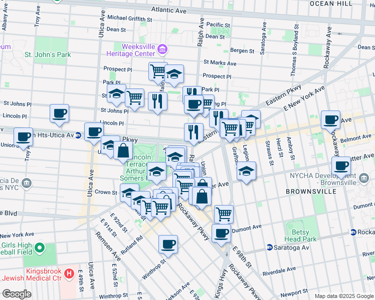 map of restaurants, bars, coffee shops, grocery stores, and more near 1370 Eastern Parkway in Brooklyn