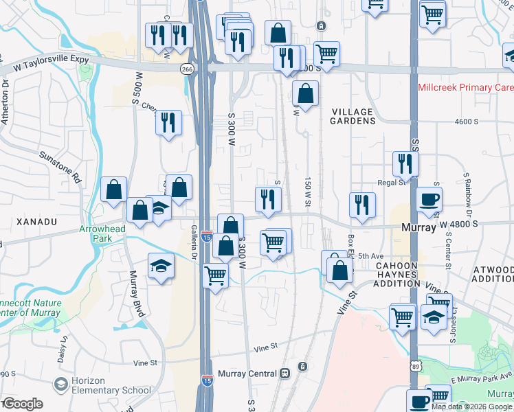 map of restaurants, bars, coffee shops, grocery stores, and more near 4778 Huntly Drive in Murray