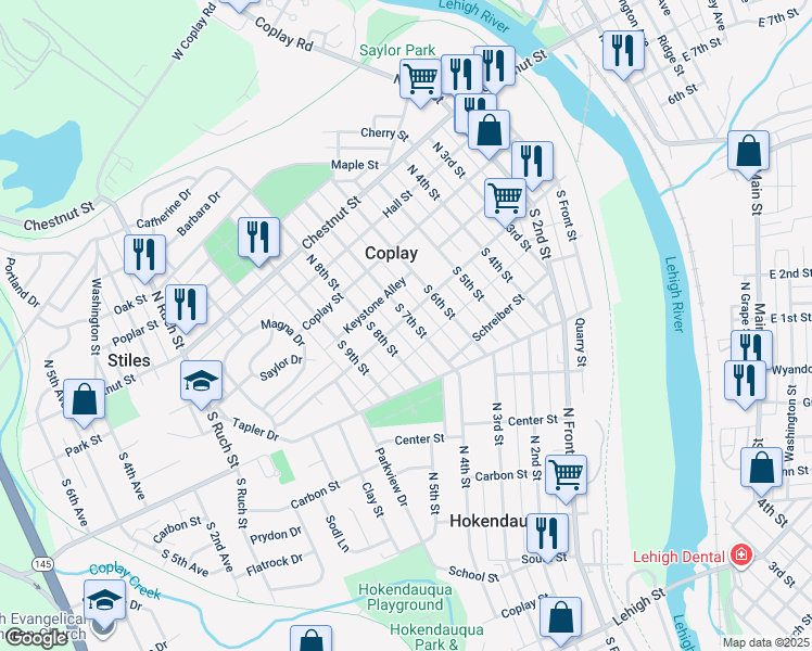 map of restaurants, bars, coffee shops, grocery stores, and more near 104 South 7th Street in Coplay
