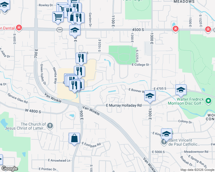 map of restaurants, bars, coffee shops, grocery stores, and more near 4535 Woodduck Lane in Millcreek