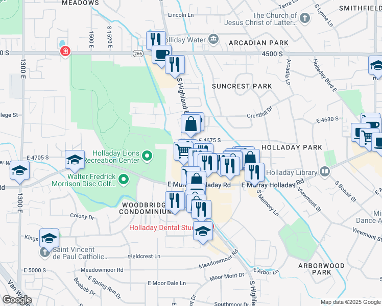 map of restaurants, bars, coffee shops, grocery stores, and more near 4698 Highland Drive in Millcreek