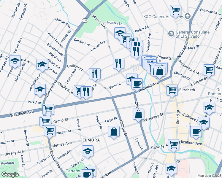 map of restaurants, bars, coffee shops, grocery stores, and more near 158 Sayre Street in Elizabeth