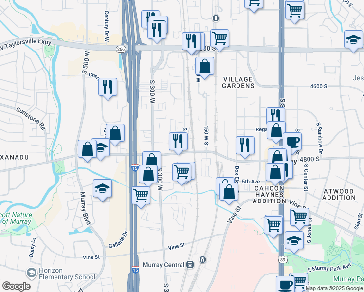 map of restaurants, bars, coffee shops, grocery stores, and more near 4760 200 West in Murray