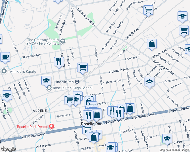 map of restaurants, bars, coffee shops, grocery stores, and more near 40 East Lincoln Avenue in Cranford