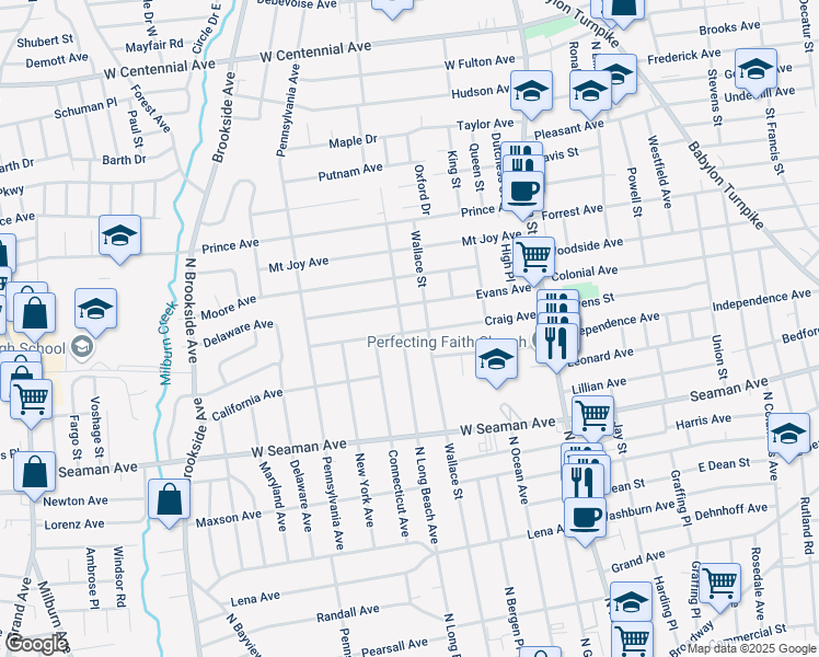 map of restaurants, bars, coffee shops, grocery stores, and more near 130 Craig Ave in Freeport