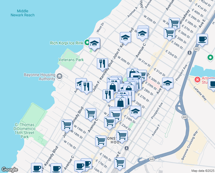 map of restaurants, bars, coffee shops, grocery stores, and more near 80 West 26th Street in Bayonne