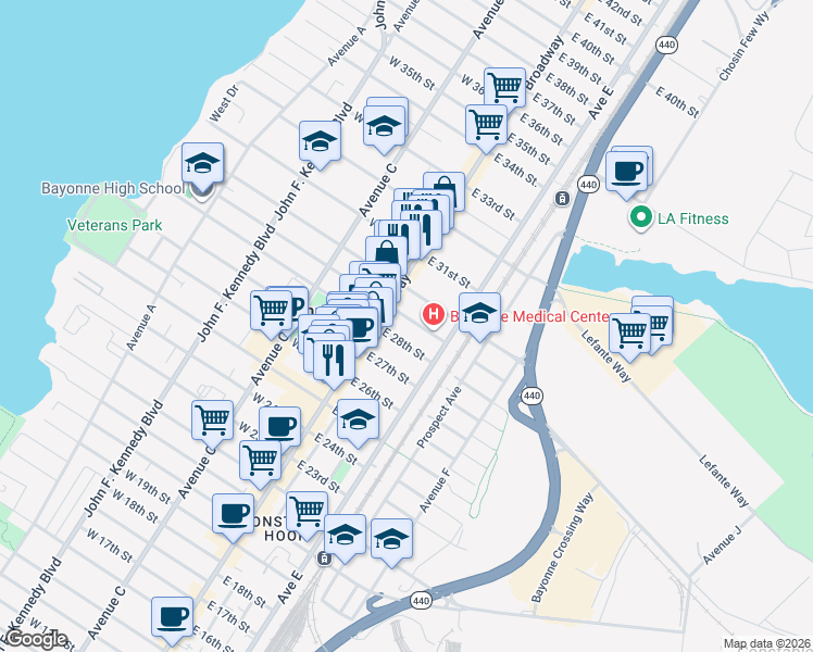 map of restaurants, bars, coffee shops, grocery stores, and more near 24 East 29th Street in Bayonne