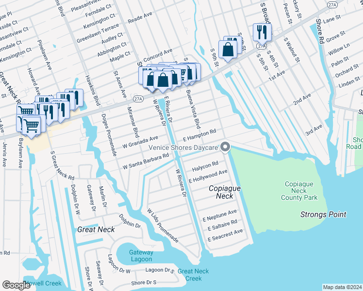 map of restaurants, bars, coffee shops, grocery stores, and more near 95 East Riviera Drive in Lindenhurst