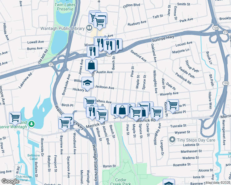 map of restaurants, bars, coffee shops, grocery stores, and more near 2140 Larch Street in Wantagh