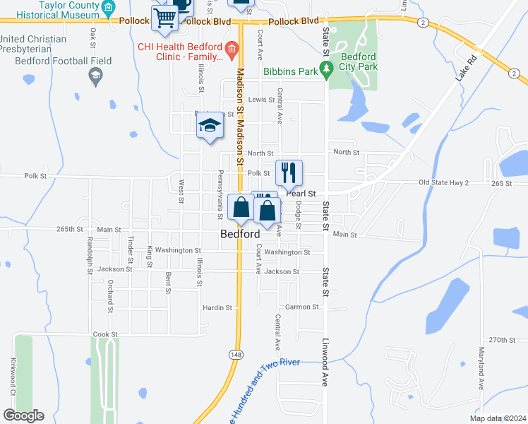 map of restaurants, bars, coffee shops, grocery stores, and more near Jefferson Street in Bedford