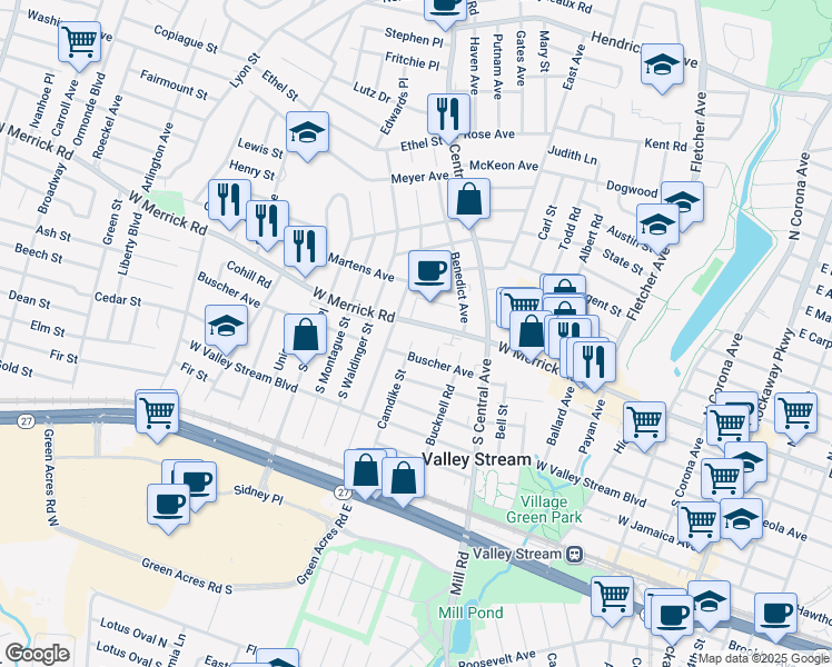 map of restaurants, bars, coffee shops, grocery stores, and more near 366 West Merrick Road in Valley Stream