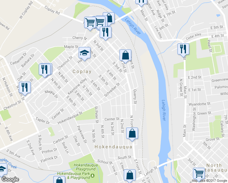map of restaurants, bars, coffee shops, grocery stores, and more near 219 South 5th Street in Coplay