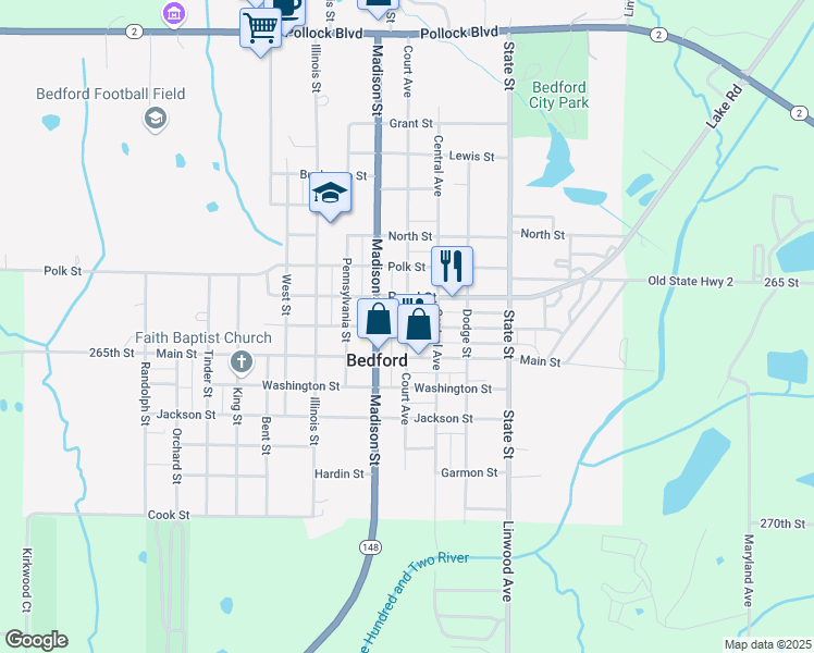 map of restaurants, bars, coffee shops, grocery stores, and more near Jefferson Street in Bedford