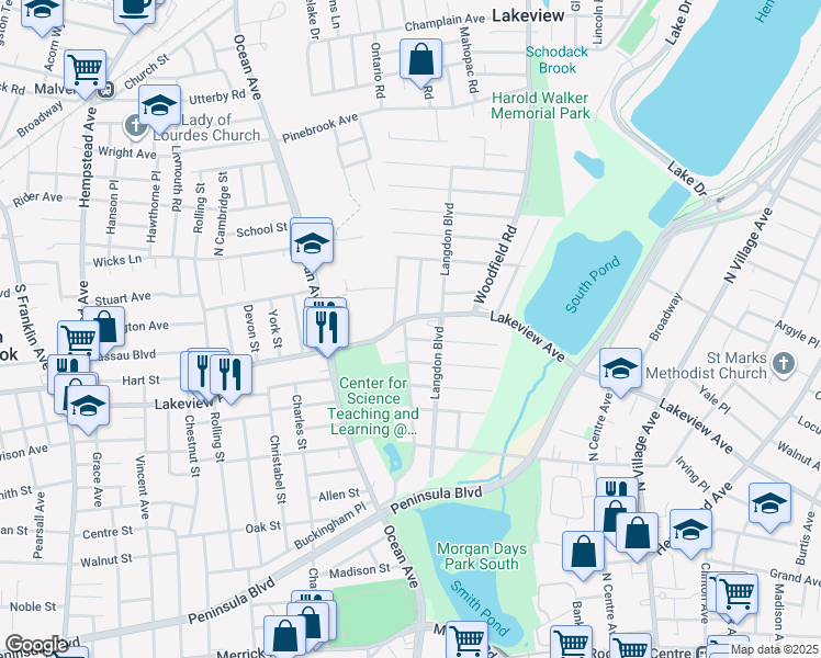 map of restaurants, bars, coffee shops, grocery stores, and more near 1323 Tanglewood Road in Rockville Centre