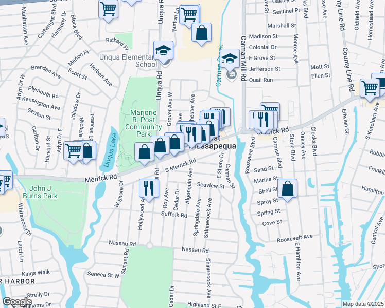 map of restaurants, bars, coffee shops, grocery stores, and more near 5418 Merrick Road in Massapequa