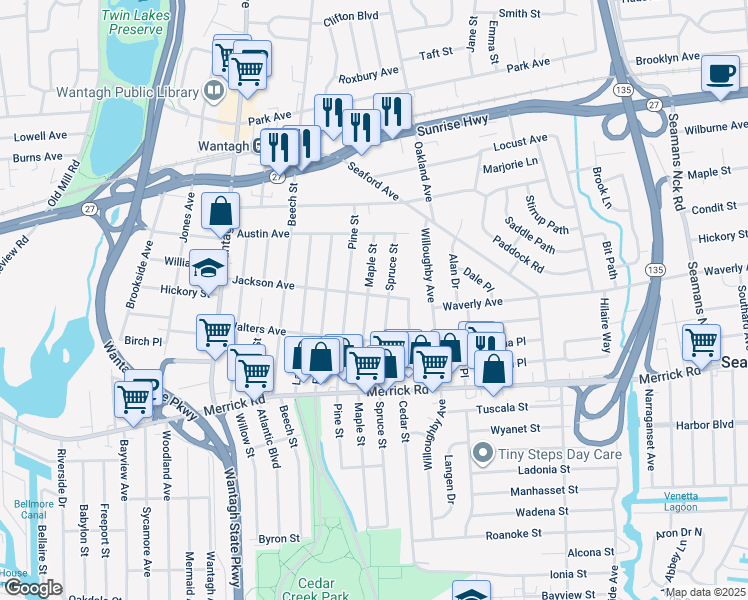 map of restaurants, bars, coffee shops, grocery stores, and more near 3400 Jackson Avenue in Wantagh