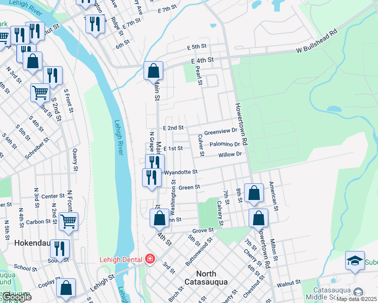 map of restaurants, bars, coffee shops, grocery stores, and more near 126 East 1st Street in Northampton