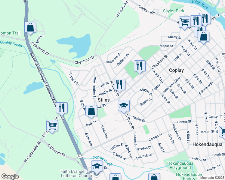 map of restaurants, bars, coffee shops, grocery stores, and more near 1205 Poplar Street in Coplay