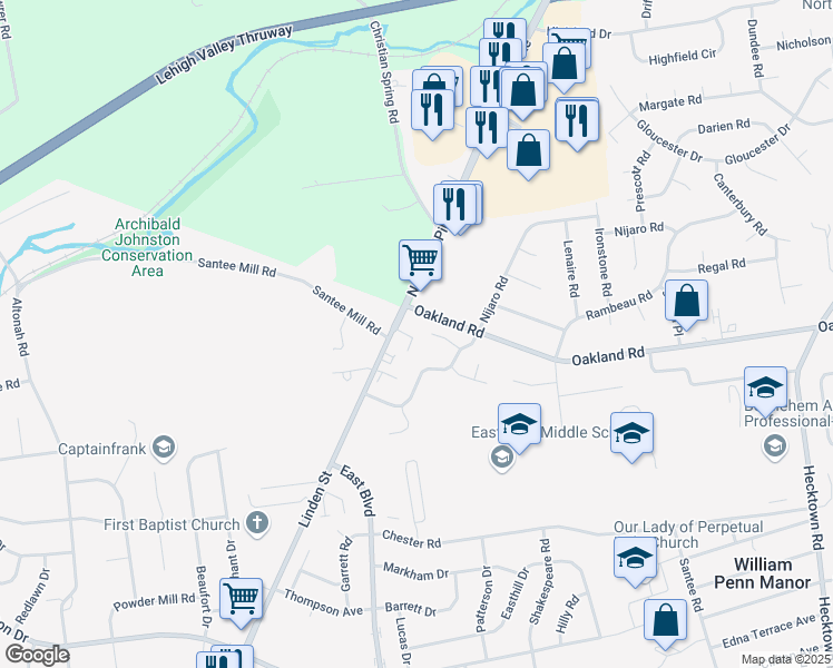 map of restaurants, bars, coffee shops, grocery stores, and more near 1723 Wendy Lane in Bethlehem