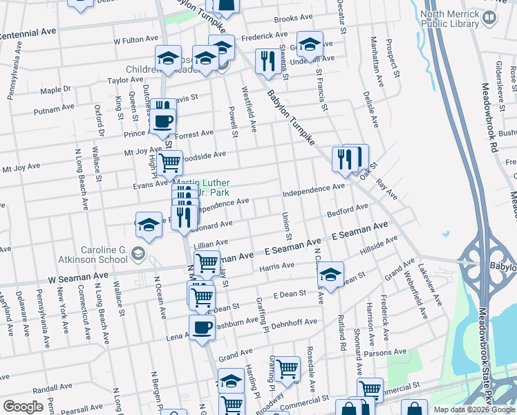 map of restaurants, bars, coffee shops, grocery stores, and more near 12 Rogers Place in Freeport