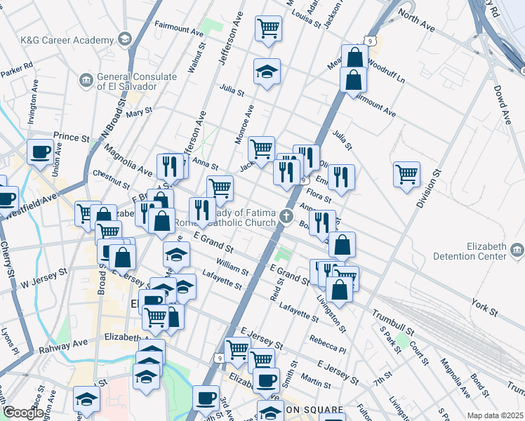 map of restaurants, bars, coffee shops, grocery stores, and more near 1026 Bond Street in Elizabeth