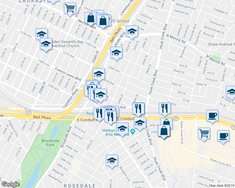map of restaurants, bars, coffee shops, grocery stores, and more near 137-25 243rd Street in Queens