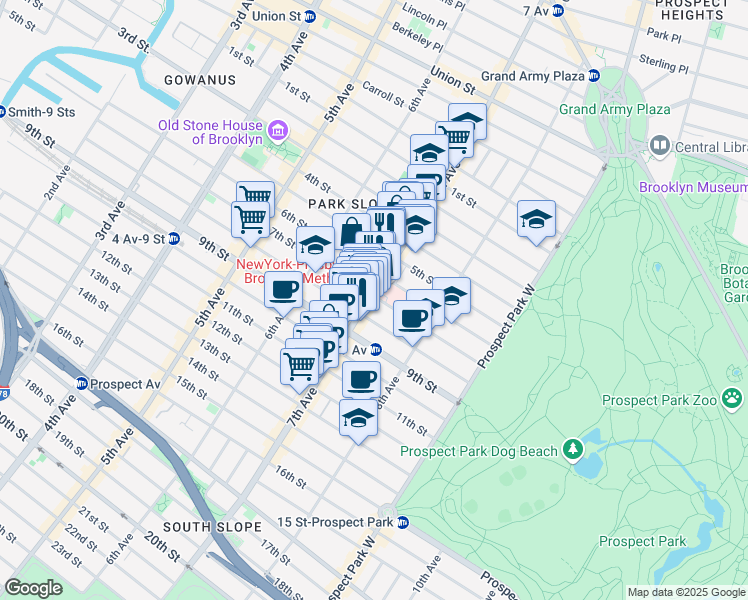 map of restaurants, bars, coffee shops, grocery stores, and more near 289 7th Avenue in Brooklyn