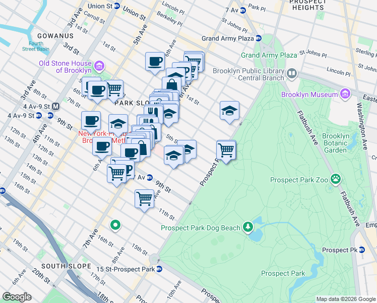 map of restaurants, bars, coffee shops, grocery stores, and more near 550 5th Street in Brooklyn