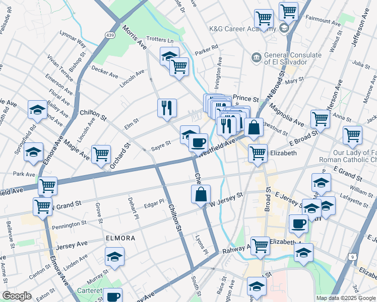 map of restaurants, bars, coffee shops, grocery stores, and more near 308 Cherry Street in Elizabeth
