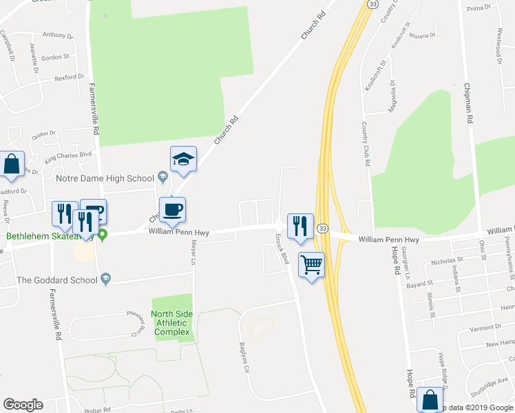 map of restaurants, bars, coffee shops, grocery stores, and more near 6046 William Penn Court in Easton