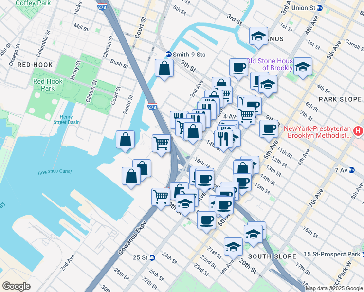 map of restaurants, bars, coffee shops, grocery stores, and more near 60 15th Street in Brooklyn
