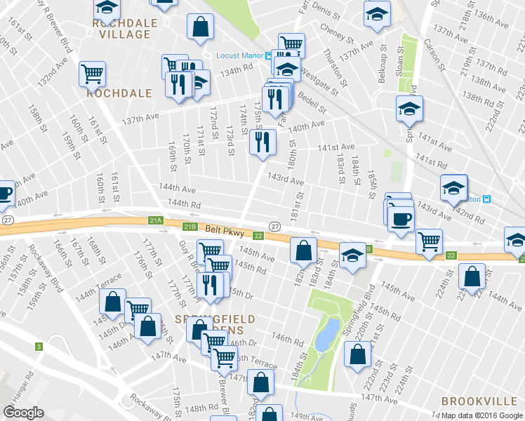 map of restaurants, bars, coffee shops, grocery stores, and more near 179-25 144th Road in Queens