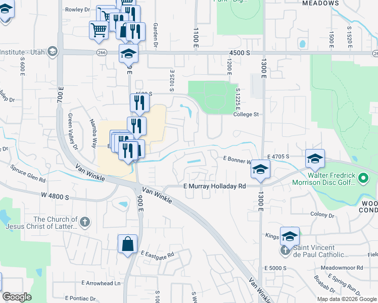 map of restaurants, bars, coffee shops, grocery stores, and more near 4547 Woodduck Lane in Millcreek