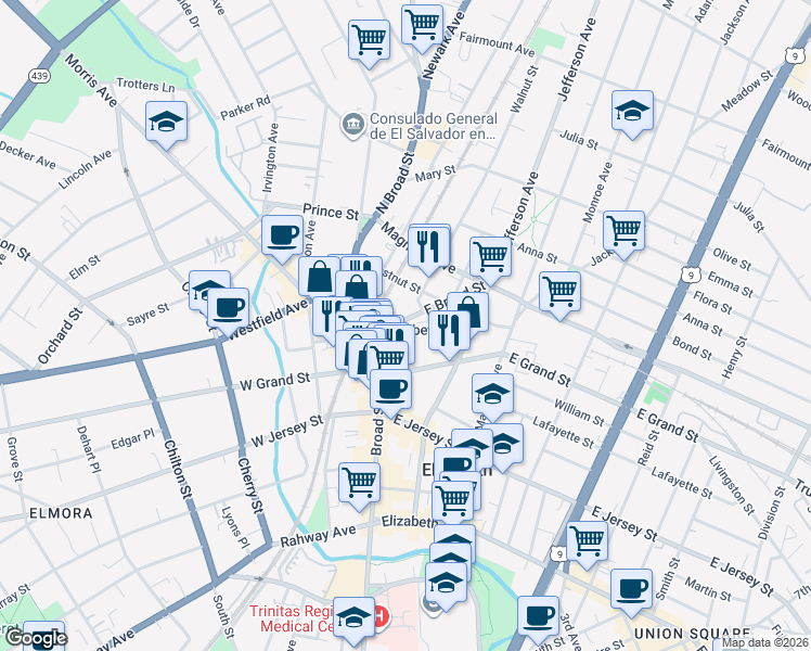 map of restaurants, bars, coffee shops, grocery stores, and more near 1170 East Broad Street in Elizabeth