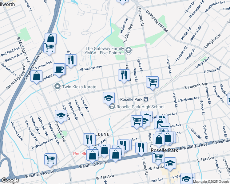 map of restaurants, bars, coffee shops, grocery stores, and more near 622 Larch Street in Roselle Park