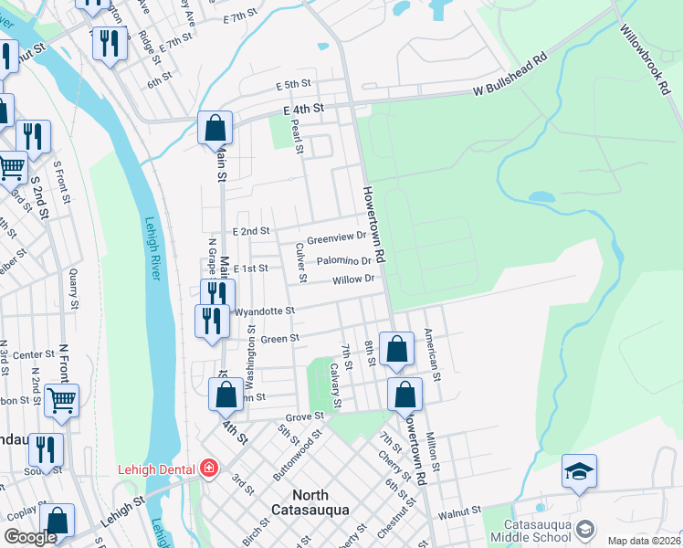 map of restaurants, bars, coffee shops, grocery stores, and more near 740 Willow Drive in Catasauqua