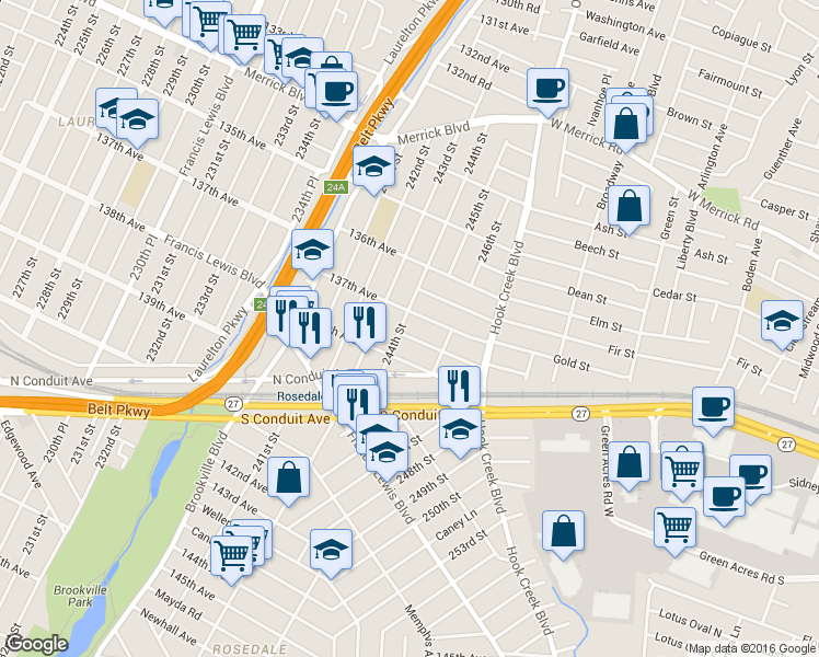 map of restaurants, bars, coffee shops, grocery stores, and more near 137-15 244th Street in Queens
