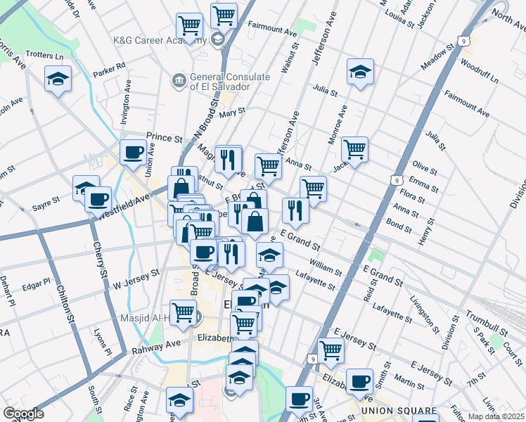 map of restaurants, bars, coffee shops, grocery stores, and more near 231 Jefferson Avenue in Elizabeth