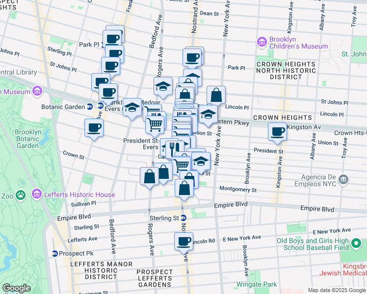 map of restaurants, bars, coffee shops, grocery stores, and more near 1180 President Street in Brooklyn