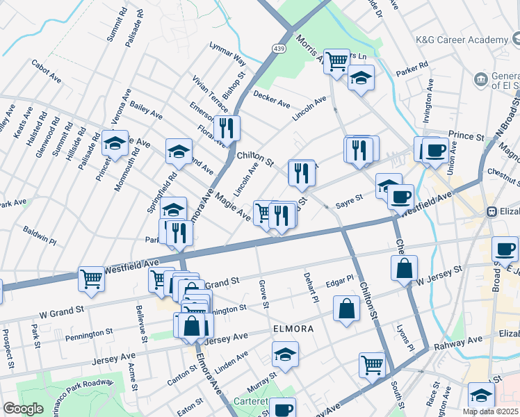 map of restaurants, bars, coffee shops, grocery stores, and more near 11 Gibson Place in Elizabeth
