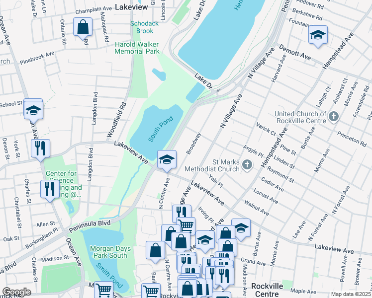 map of restaurants, bars, coffee shops, grocery stores, and more near 54 Broadway in Rockville Centre