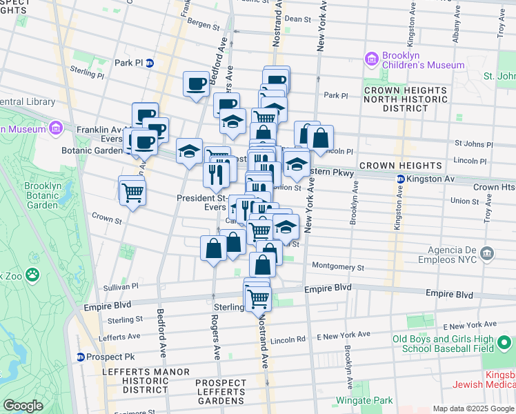 map of restaurants, bars, coffee shops, grocery stores, and more near 1180 President Street in Brooklyn