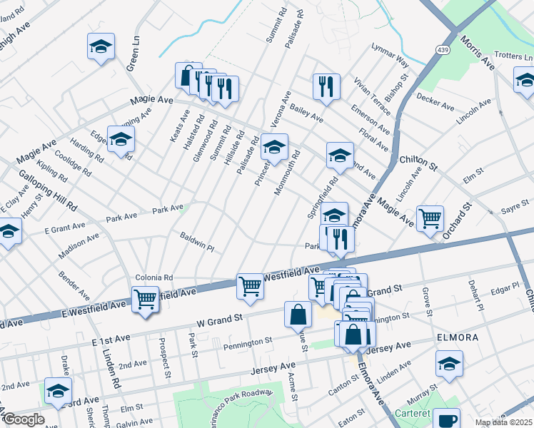 map of restaurants, bars, coffee shops, grocery stores, and more near 134 Monmouth Road in Elizabeth