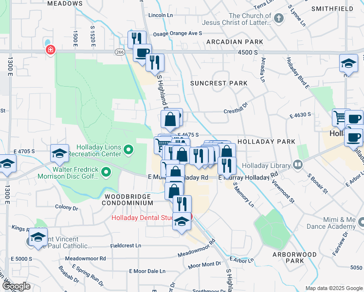 map of restaurants, bars, coffee shops, grocery stores, and more near 4699 Highland Drive in Holladay