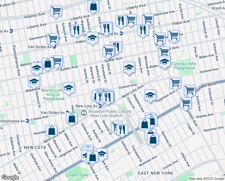 map of restaurants, bars, coffee shops, grocery stores, and more near 974 Dumont Avenue in Brooklyn
